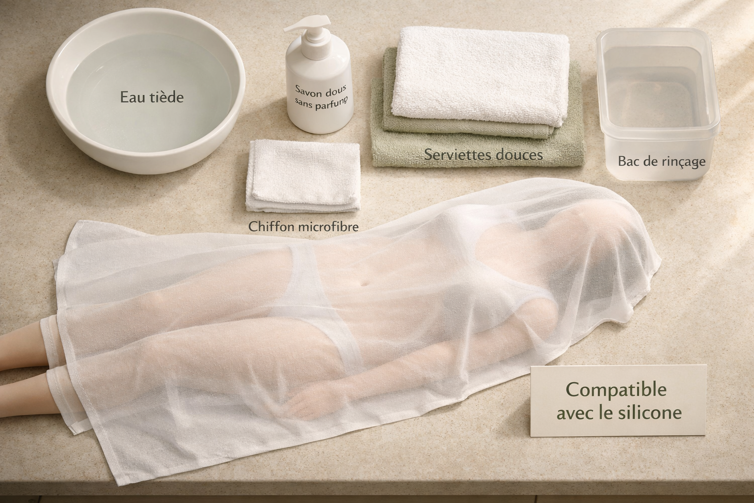 Vue aérienne d’un kit de soins doux pour poupée en silicone, avec savon sans parfum, eau tiède et serviettes; comment entretenir une poupée en silicone