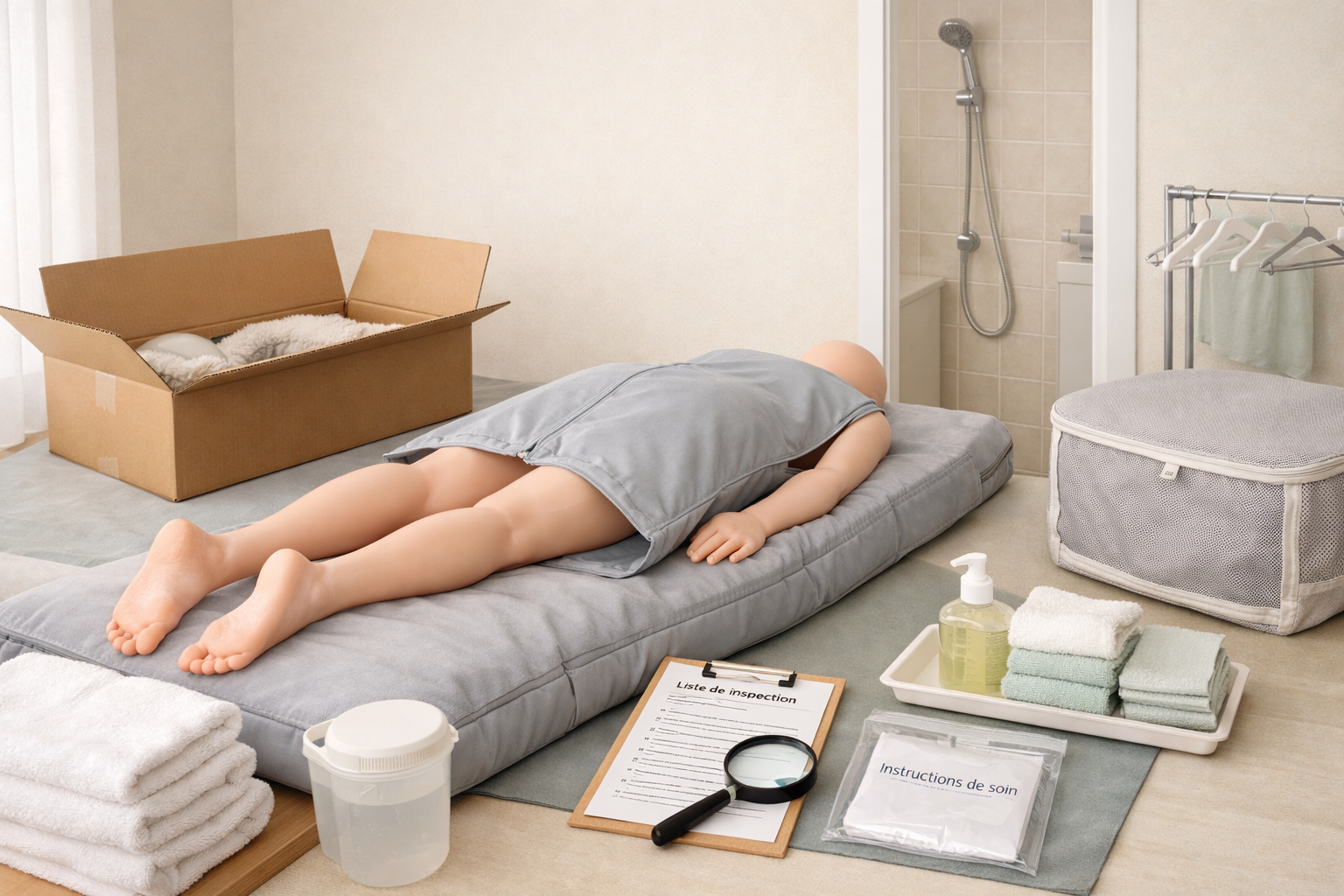 Chambre dédiée à l’entretien d’une poupée en silicone, avec poupée couverte, matériel de soin et salle de bain propre; comment entretenir une poupée en silicone