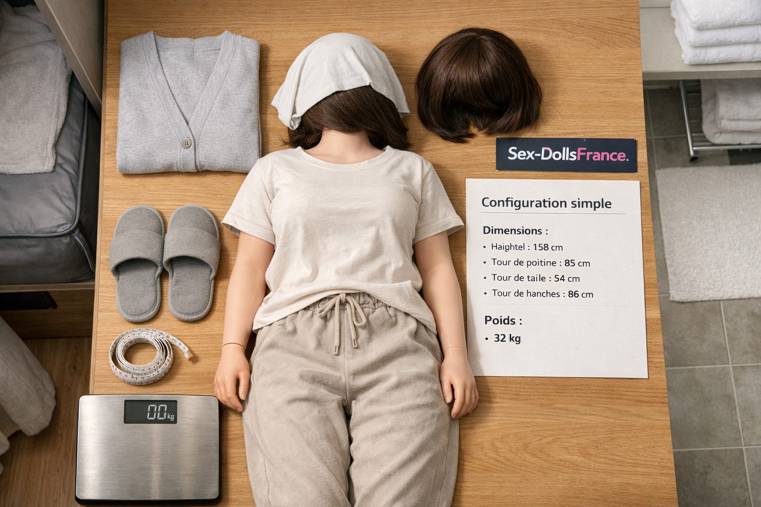 Vue aérienne d’une chambre et salle de bain, doll x habillée sur surface en chêne, accessoires et fiche « Configuration simple ».