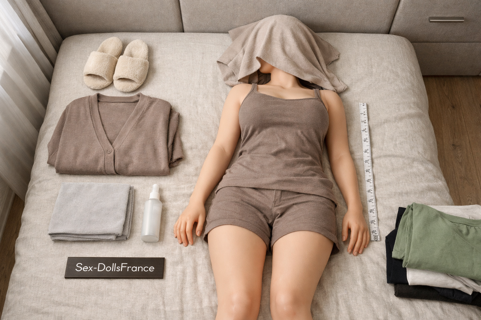 Vue aérienne d’une poupée sexuelle en silicone vêtue sur un lit, entourée d’accessoires sobres et d’articles d’entretien.