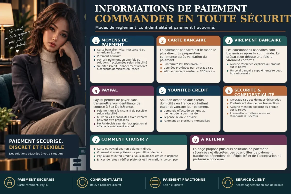 Poupée réaliste habillée avec infographie présentant les moyens de paiement sécurisés proposés par Sex Dolls France, dont carte bancaire, virement, PayPal et financement.