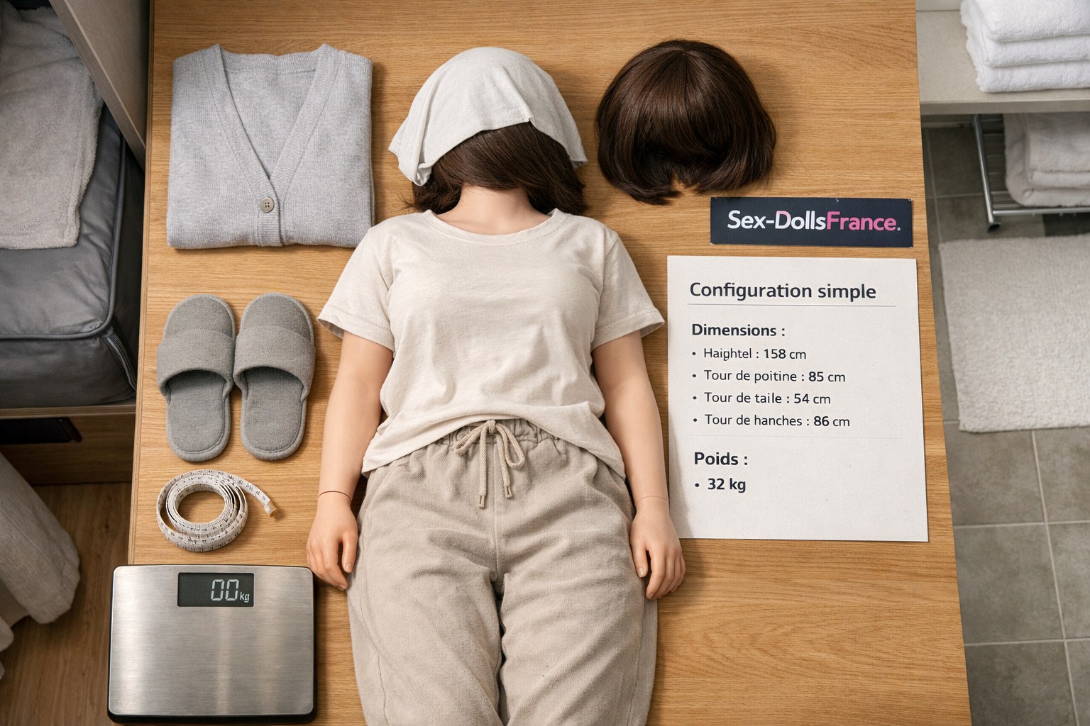 Vue aérienne d’une chambre et salle de bain, doll x habillée sur surface en chêne, accessoires et fiche « Configuration simple ».